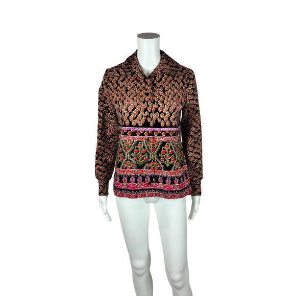 Vintage 70s Printed Blouse Women's Medium Pink Black Border Print Top - Picture 10 of 10